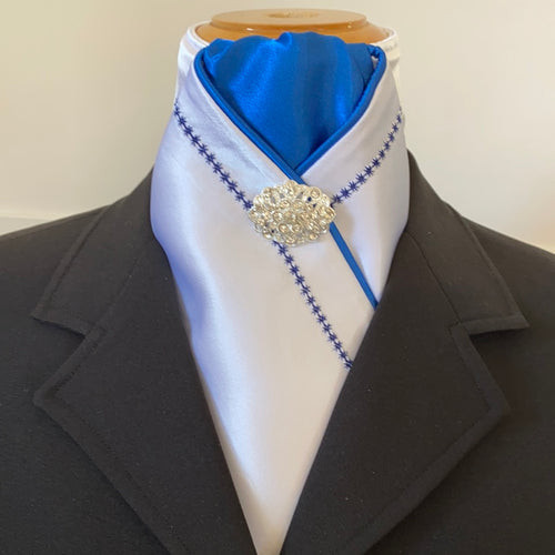 HHD White Satin Pretied Stock Tie Embroidered Royal Blue