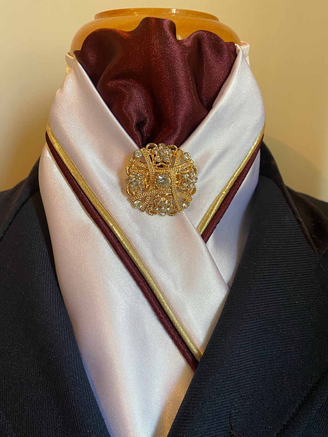 HHD White or Cream Satin Custom Stock Tie Burgundy & Gold