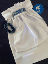 HHD White Satin Dressage Euro Stock ‘ Nancy’ in Silver with Blue Rhinestones